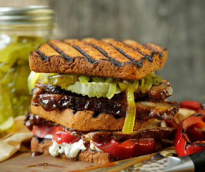 BBQ Brisket Sandwich With Blue Cheese & Roasted Peppers on Daily Kneads Red Pepper Bread